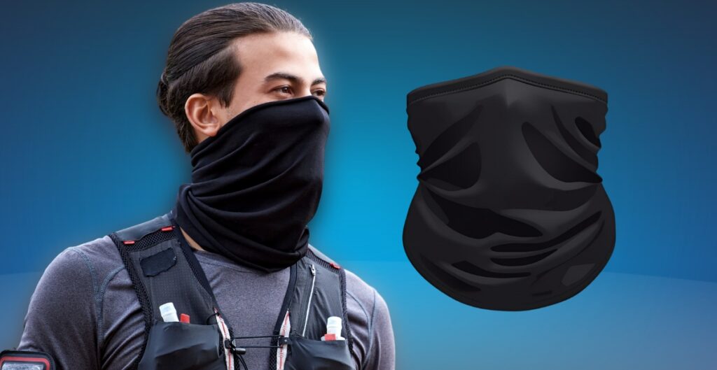 Person wearing a black neck gaiter/balaclava over lower face and neck, with a separate black gaiter illustration floating nearby.
