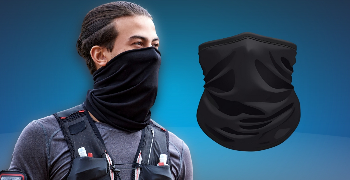 Person wearing a black neck gaiter/balaclava over lower face and neck, with a separate black gaiter illustration floating nearby.