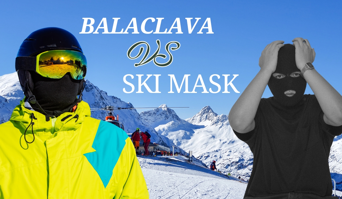 Balaclava VS Ski Mask comparison showing two individuals wearing different face coverings in a snowy mountain setting.