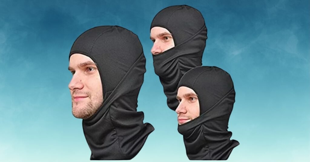 Three ways to wear a black balaclava on a man's head for different coverage styles.
