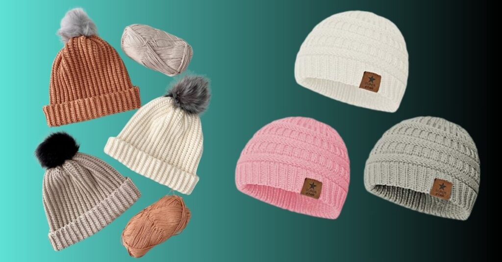 A collection of stylish knitted beanies in various colors with pom-poms and yarn balls, displayed on a gradient background.