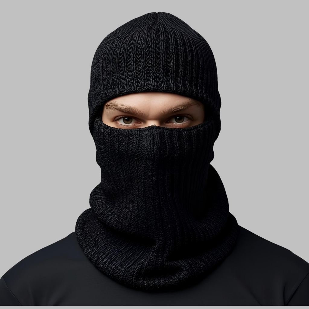 A person wearing a black knit balaclava that covers the head and neck, with only the eyes visible.