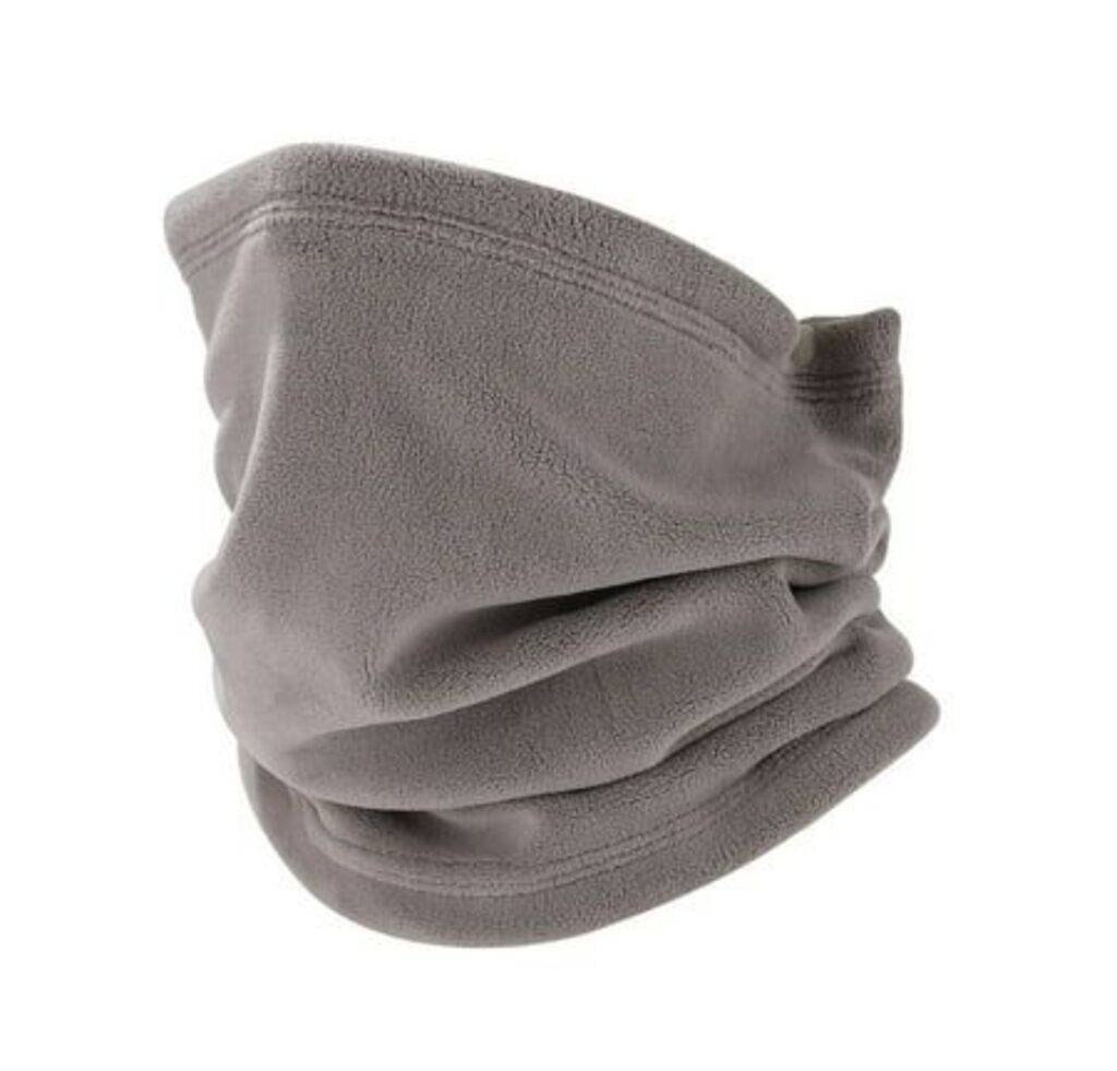 “Gray fleece half-face balaclava wrap covering the lower face and neck with an opening at the top for the eyes.”