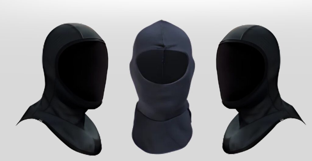 Three balaclavas displayed from different angles: two black ones with open face openings and a navy balaclava in the center. The background is a light gradient.