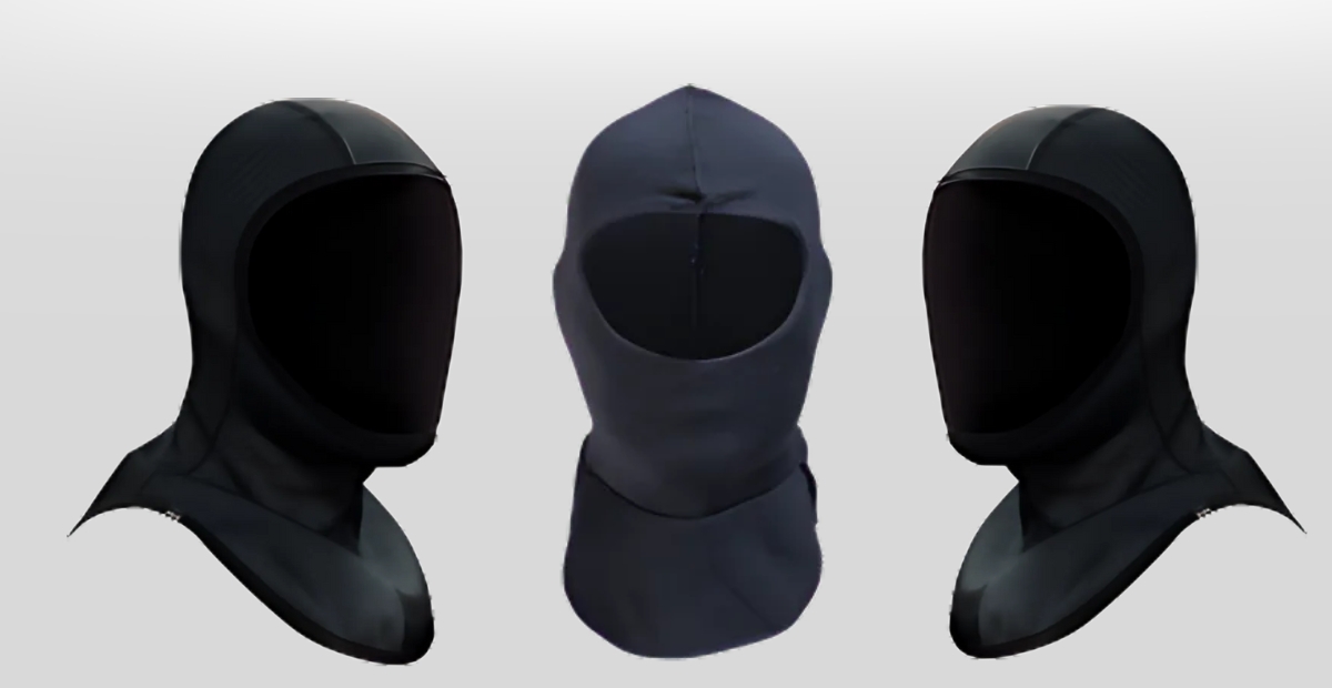 Three balaclavas displayed from different angles: two black ones with open face openings and a navy balaclava in the center. The background is a light gradient.