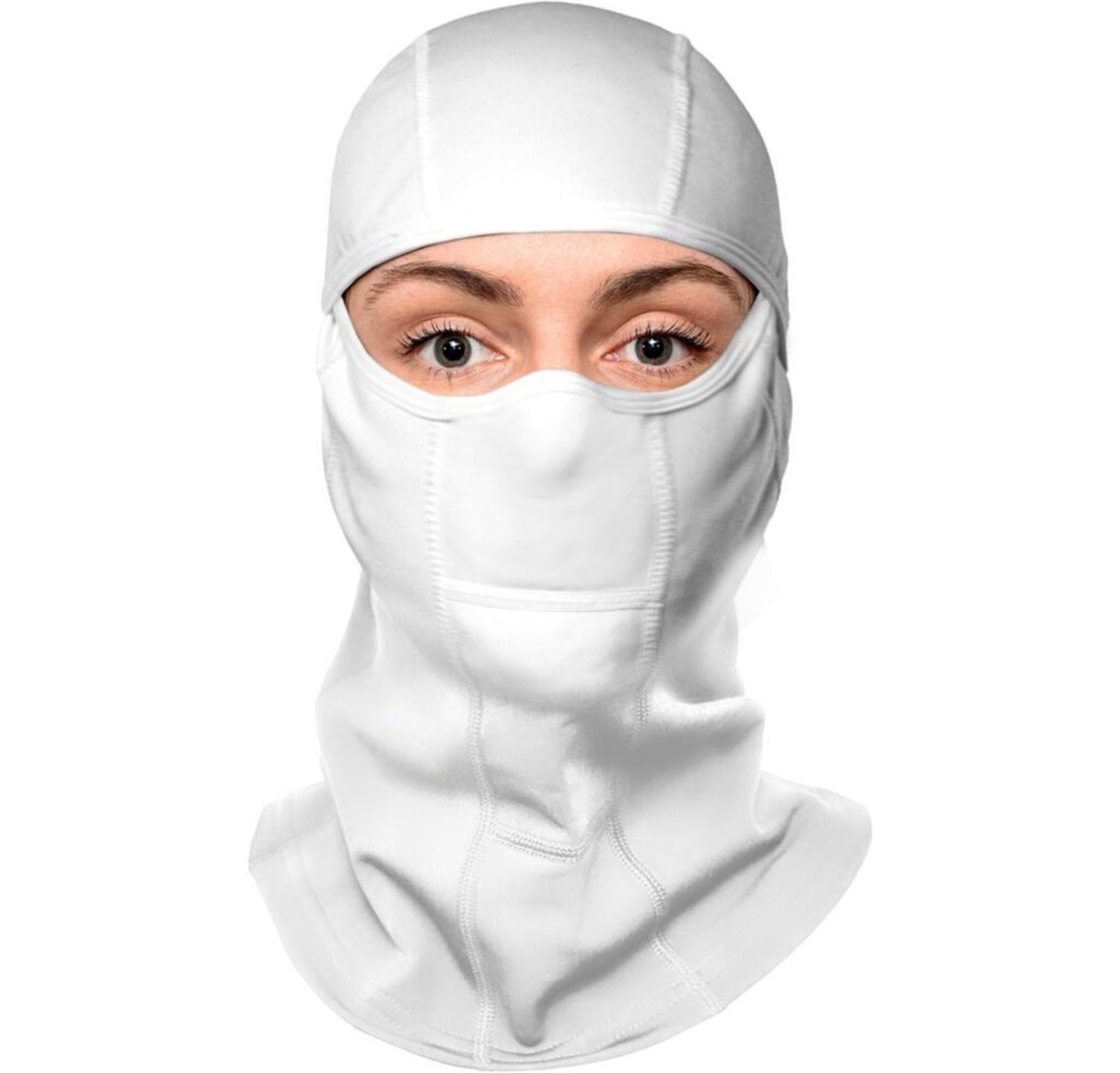 "White balaclava with eye holes, covering head and neck."