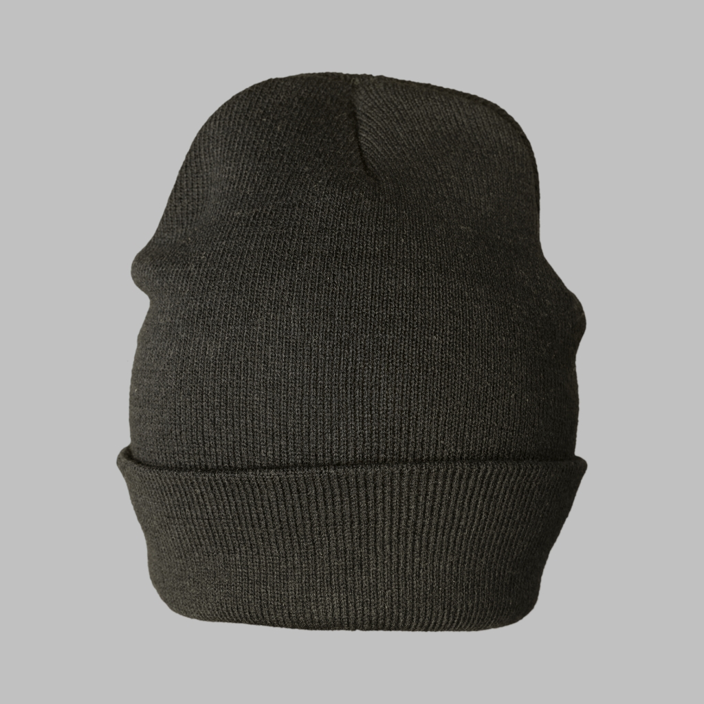A plain black knit beanie balaclava with a folded cuff, shown from the front against a gray background.