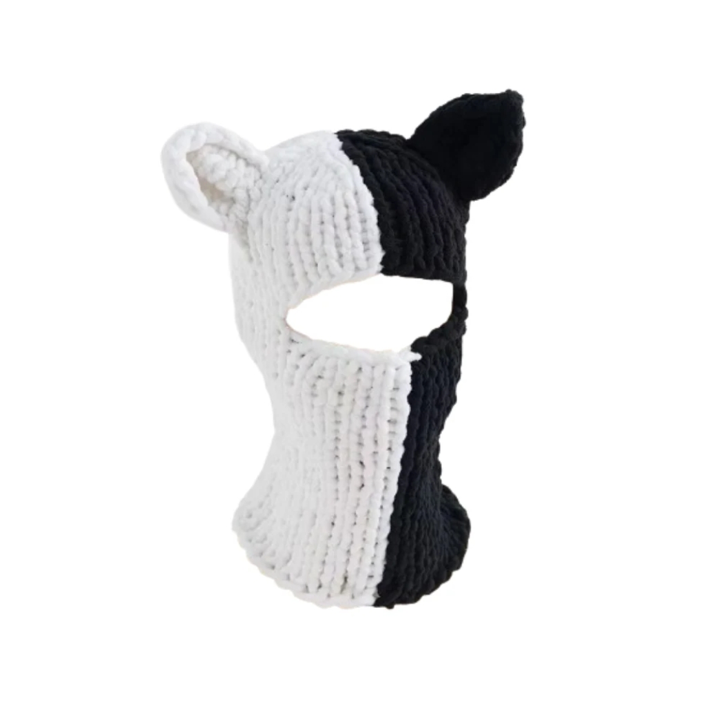 Black and white knitted balaclava mask with cute cat ears and a soft, chunky texture.