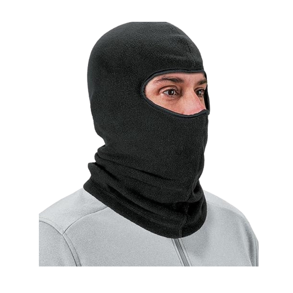 Black and white knit balaclava with bold typography design.