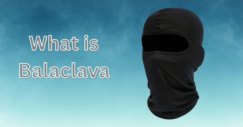 Black full-face balaclava mask with open eye area on a blue gradient background with the text "What is Balaclava.