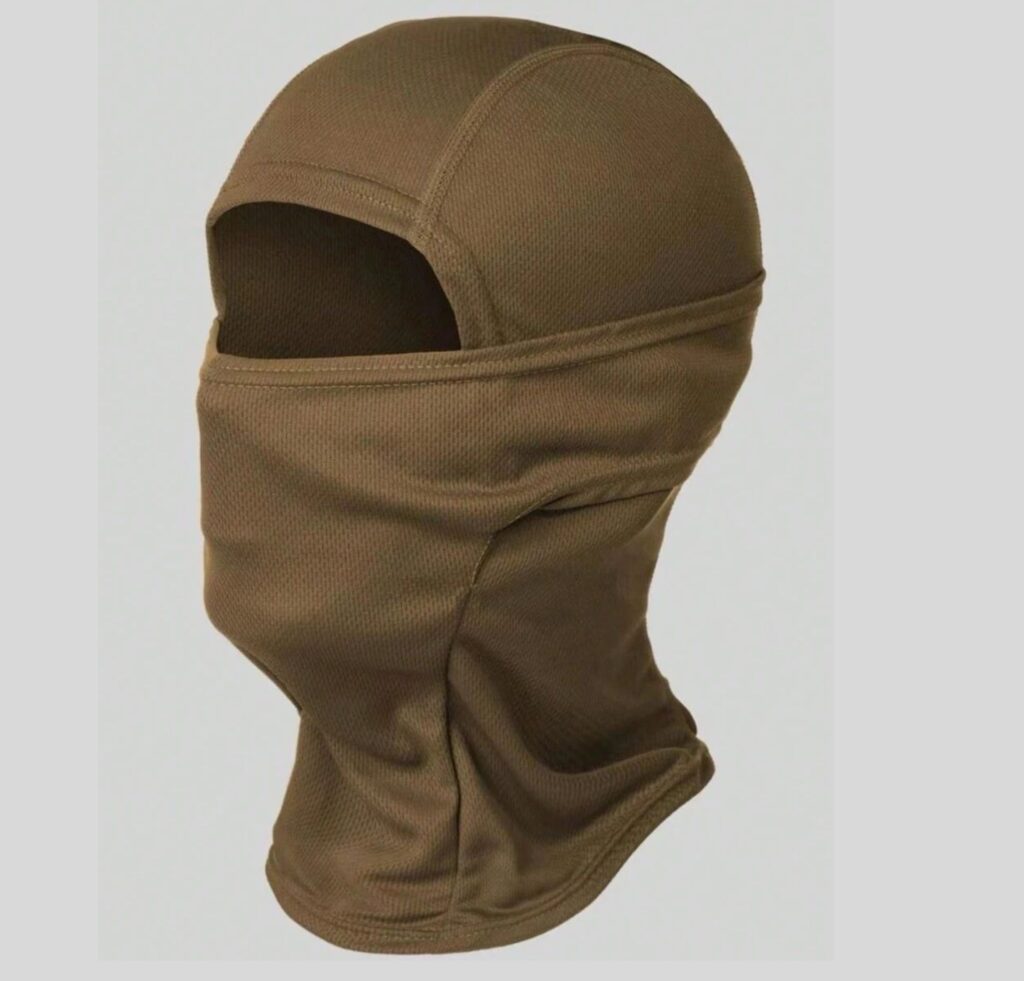 "Brown balaclava with a cut-out eye opening, covering the head, neck, and lower face."