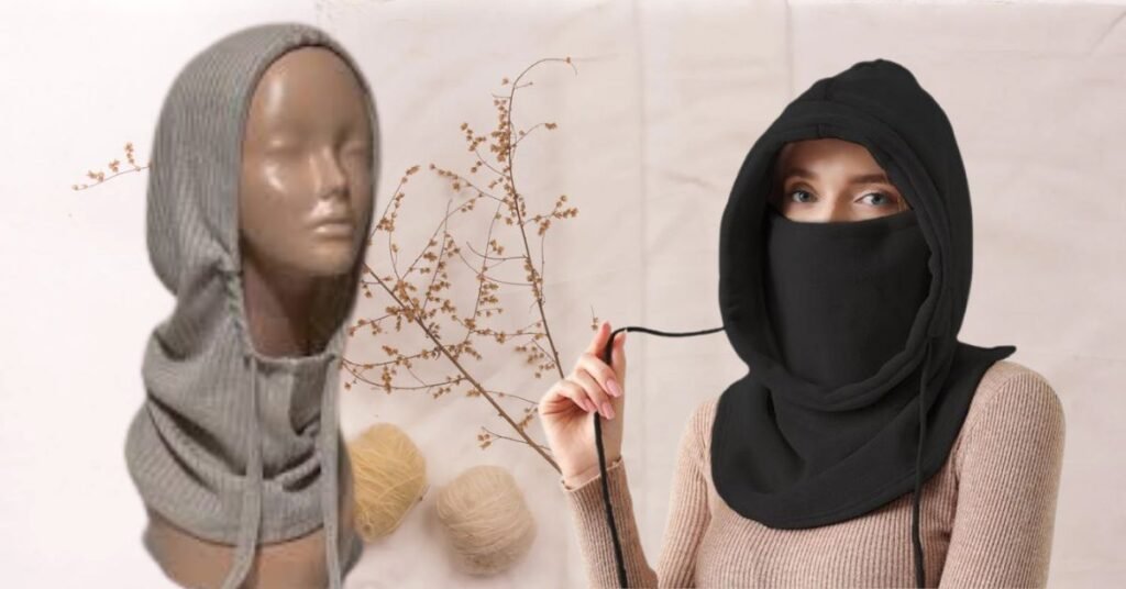 A hooded balaclava made from a scarf, displayed on a mannequin and worn by a model.