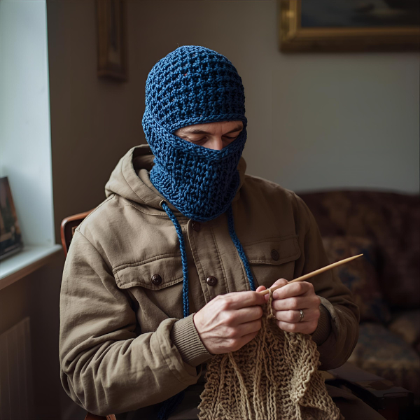 A man in a tan jacket wearing a blue crocheted balaclava sits indoors, knitting with wooden needles.