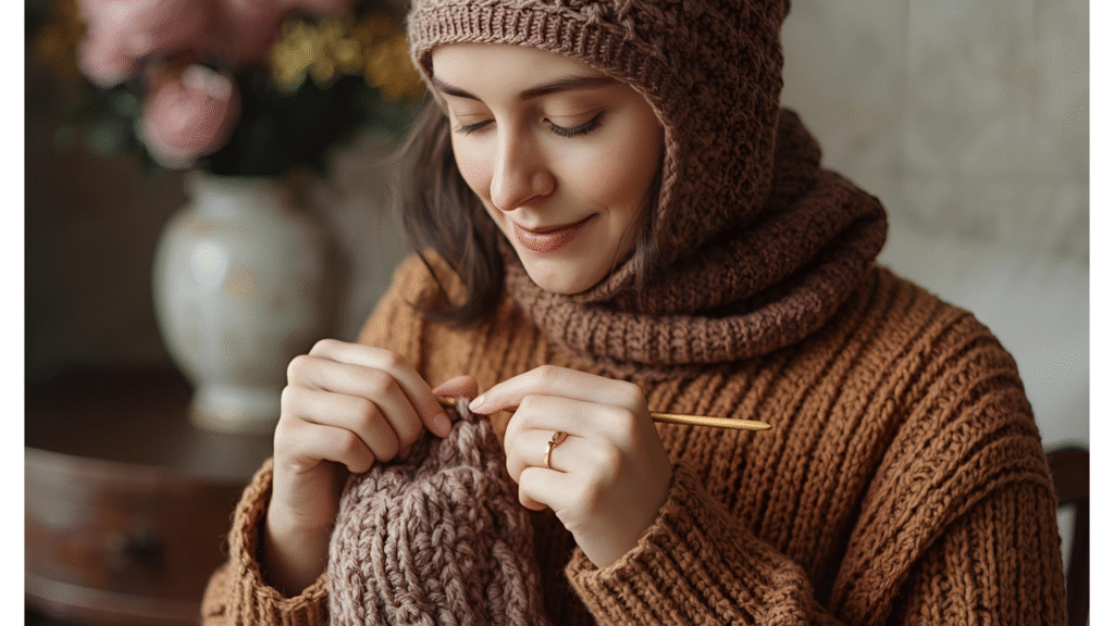 Woman crocheting a handmade brown balaclava with a wooden crochet hook, wearing a knitted sweater and cozy hood.