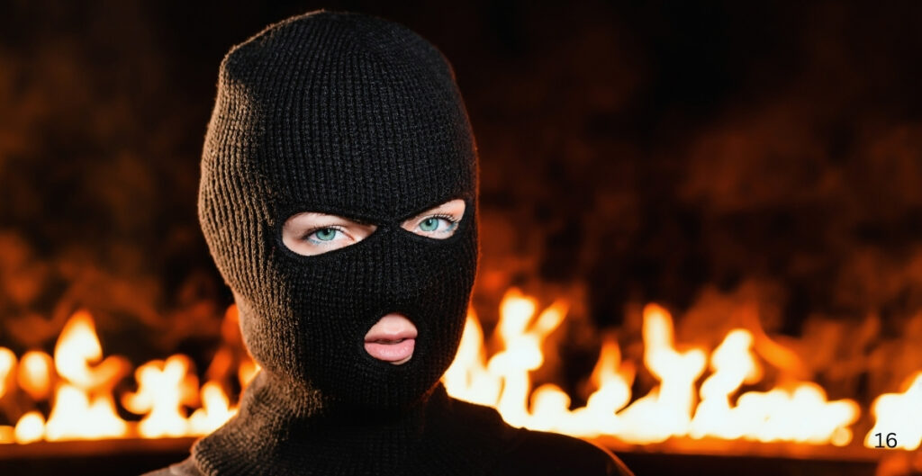 "Person wearing a black balaclava or ski mask with only the eyes and mouth exposed, standing in front of a fiery background."
