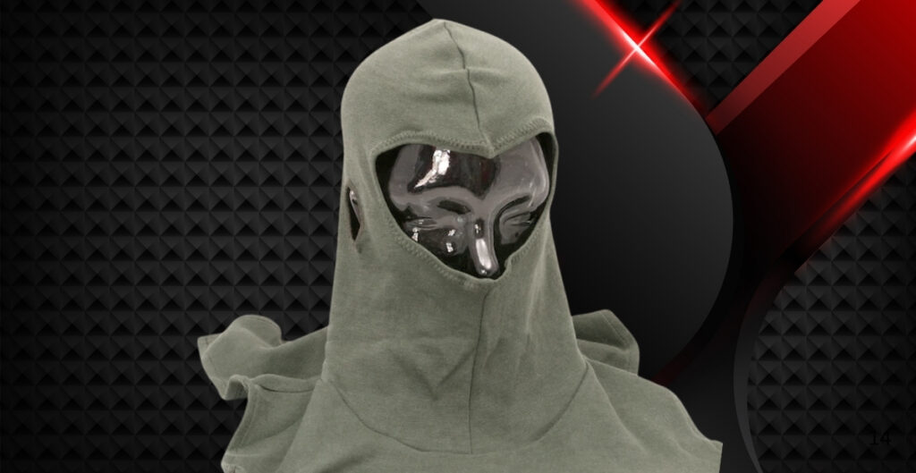 A person wearing a green balaclava that covers most of the face, with a glossy black material visible around the eyes