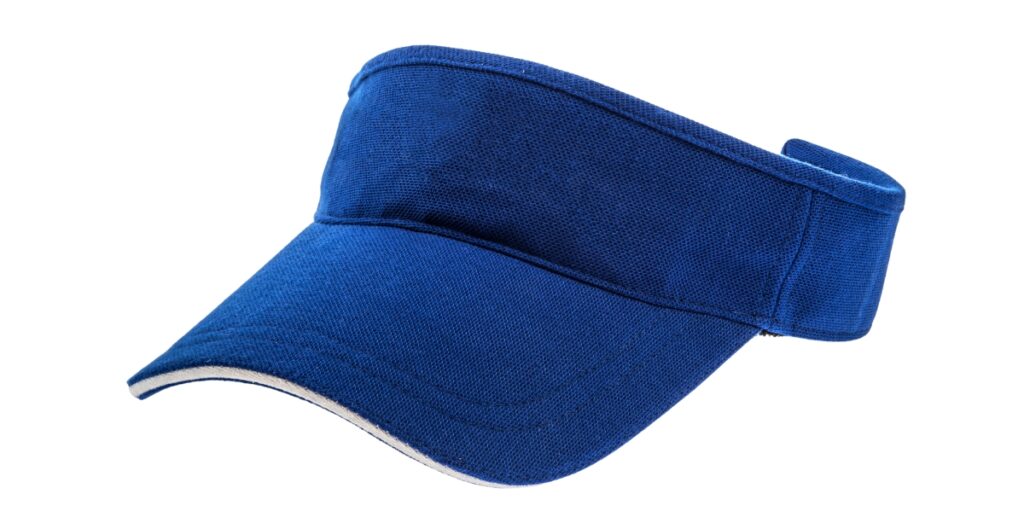 Blue cotton visor cap with a curved brim and adjustable strap at the back