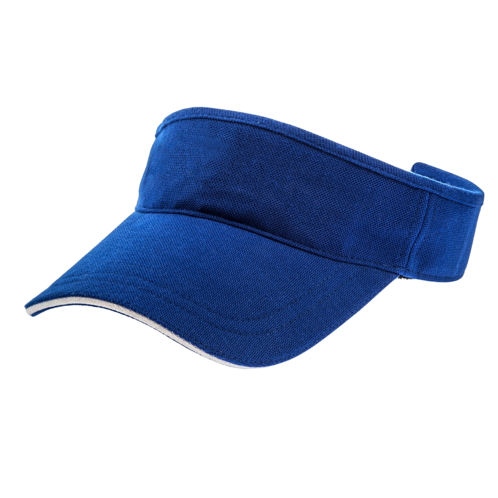 Blue cotton visor cap with curved brim and wide Velcro-style strap at the back, isolated on a white background