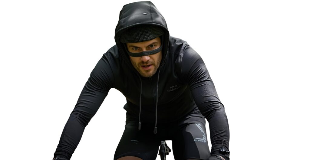 A cyclist dressed in a black balaclava hoodie and cycling gear, leaning forward as if riding.