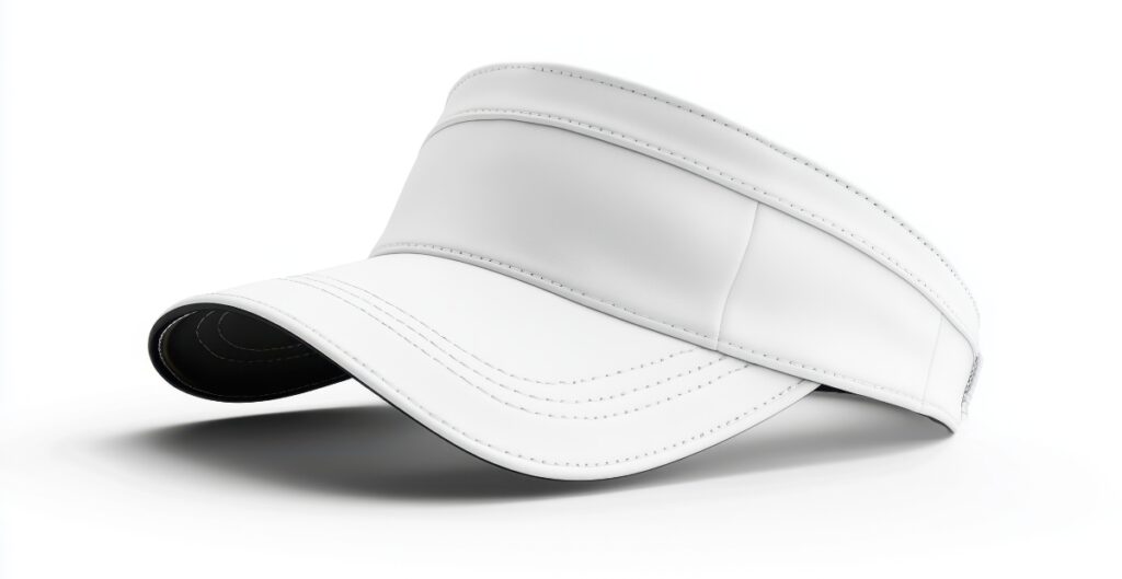 A white leather visor cap with curved brim and stitched detailing, resting on a flat surface.