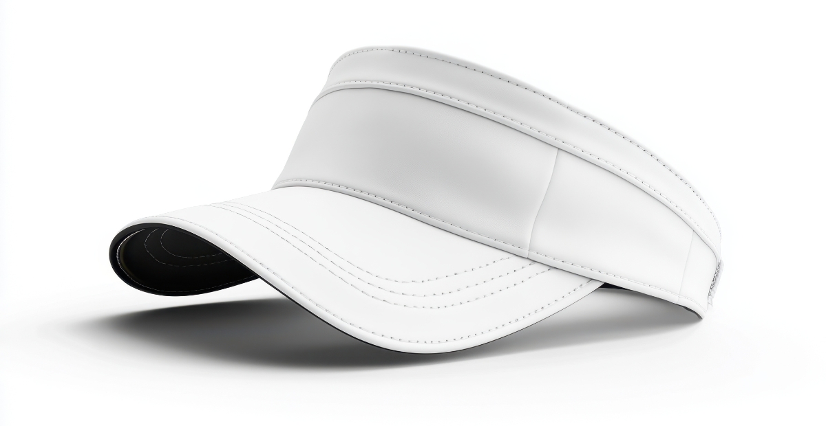A white leather visor cap with curved brim and stitched detailing, resting on a flat surface.