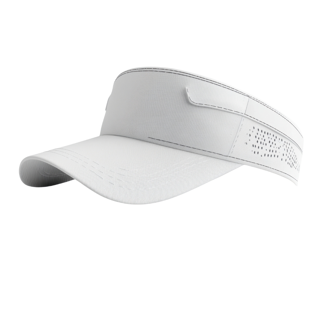 A white leather visor cap with a curved brim, perforated side panels, and top stitching detail.