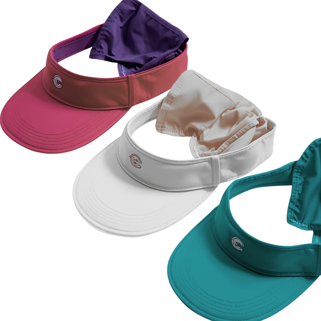 "A set of colorful nylon visor caps in pink, white, purple, and teal, with built-in neck scarves and curved brims."