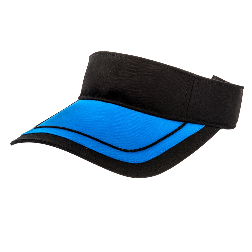 Black polyester visor cap with a bright blue curved brim and black stitching