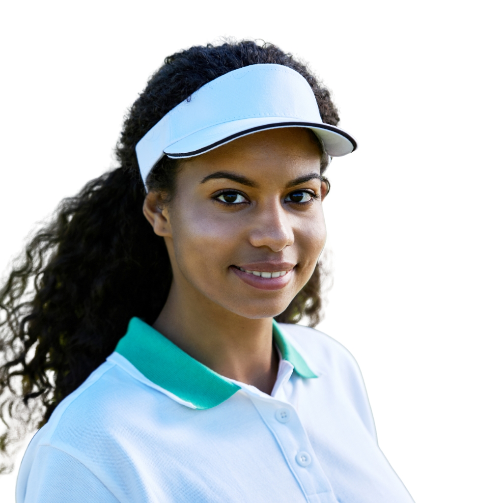  A portrait of a smiling woman wearing a light blue visor and a white polo shirt with a turquoise collar, posing against a white background.
