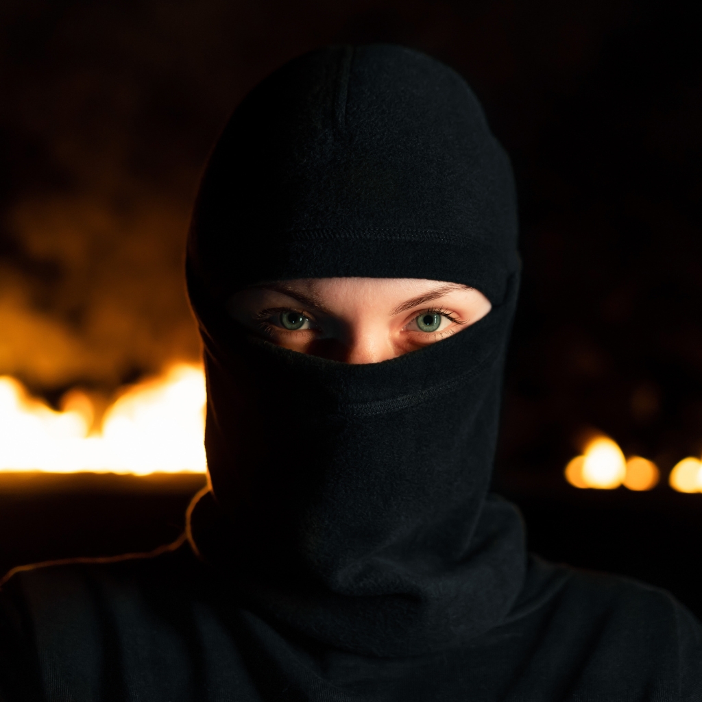 "Person wearing a black balaclava covering most of their face except the eyes, with a dark background and warm lights in the distance."
