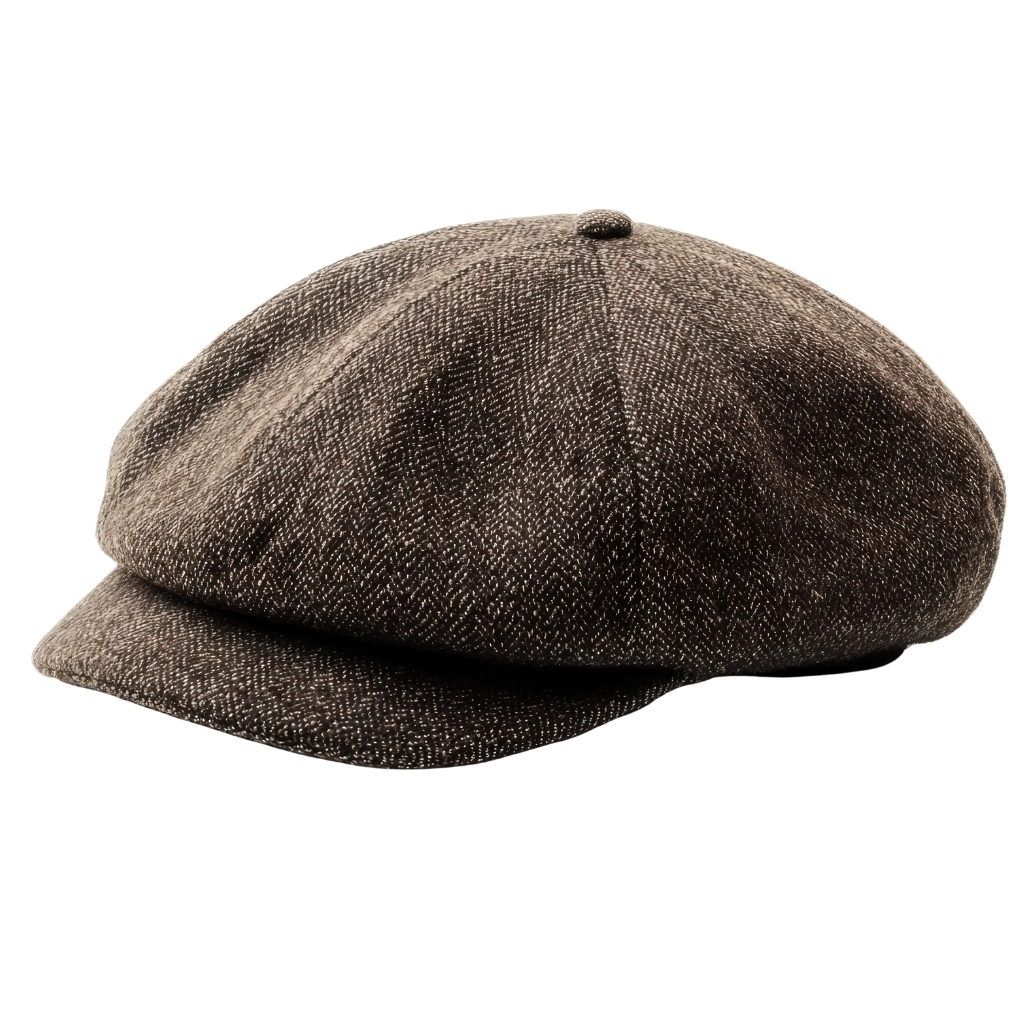 "Brown wool visor cap with a textured speckled pattern and small top button."