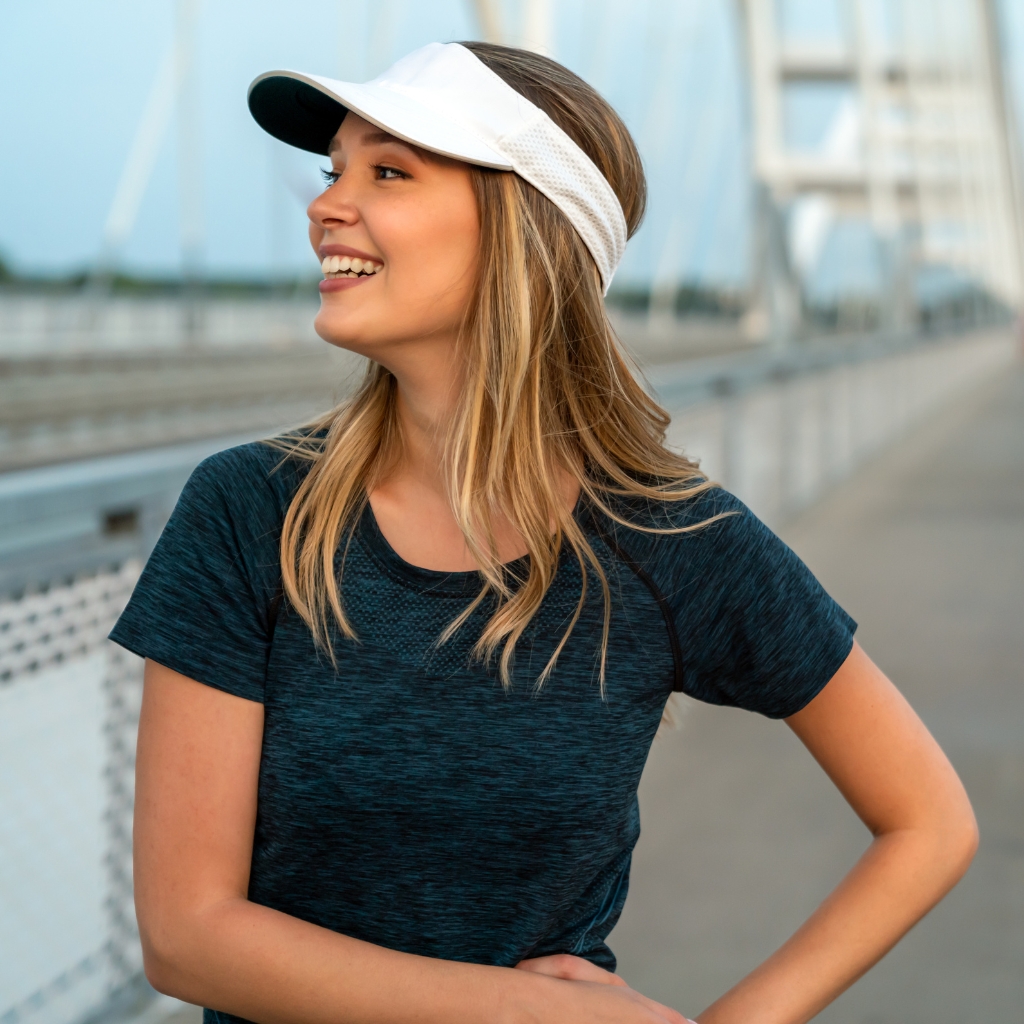 A stylish polyester visor cap providing a comfortable fit and modern sporty look.