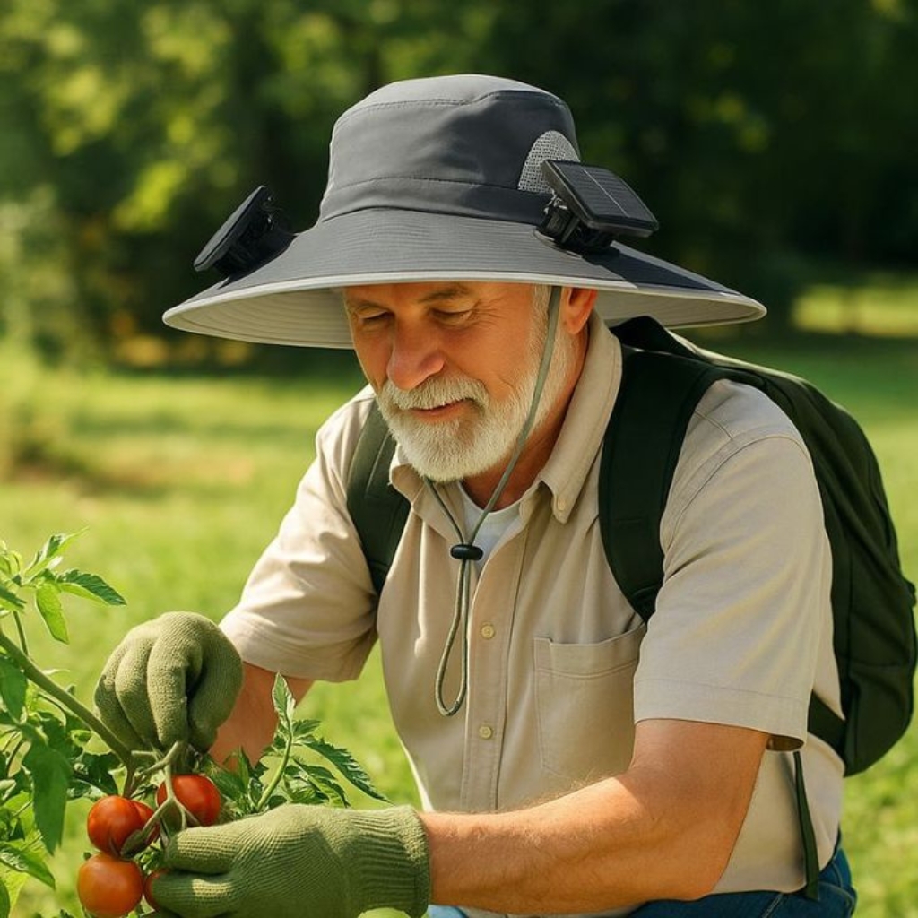  An elderly man wearing a wide-brimmed hat with a solar-powered cooling device sits in a garden, picking ripe tomatoes. He wears a beige shirt, green gloves, and a backpack, and appears focused on the plants.