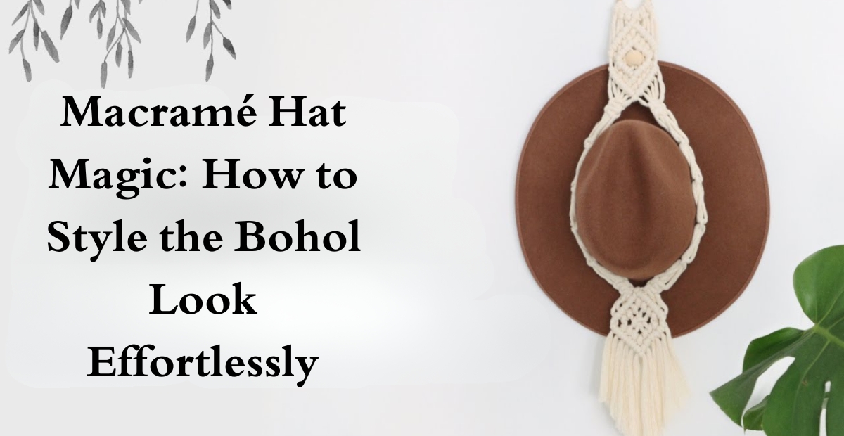 A brown fedora hat with a macramé strap hanging on a white wall, with green plants visible in the corner.