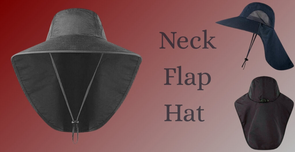 „Kollektion von Hüten mit Nackenschutz in dunklen Farben vor einem rot-rosa Farbverlaufshintergrund; darunter ein Hut mit breiter Krempe und Nackenschutz im linken Vordergrund und zwei kleinere Hüte auf der rechten Seite.“