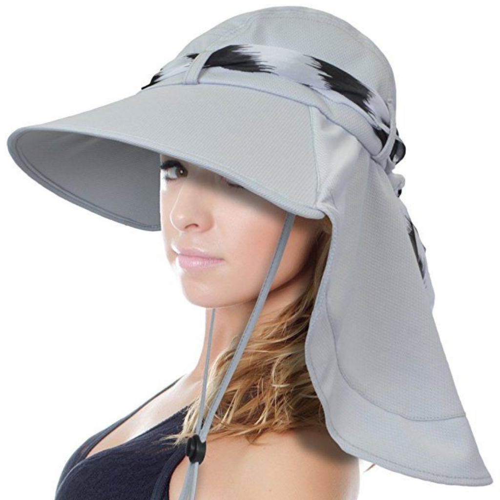 A light gray outdoor sun hat with a wide brim and attached neck flap, worn by a woman