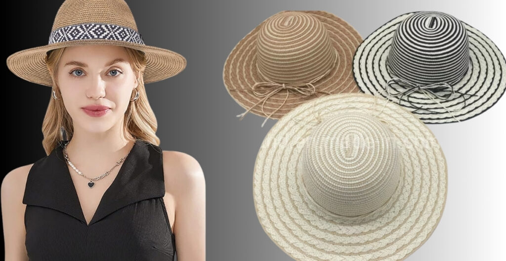 A woman wearing a stylish woven straw hat with a patterned band, next to three wide-brim seagrass hats in beige, white, and black-striped designs.