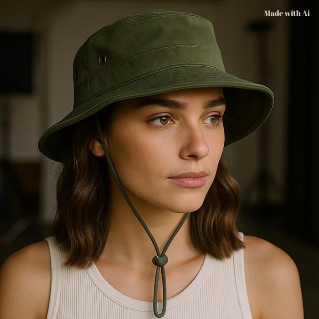  Une femme portant un chapeau vert de style safari avec une jugulaire, regardant sur le côté. Elle a les cheveux bruns mi-longs et porte un débardeur blanc côtelé. 