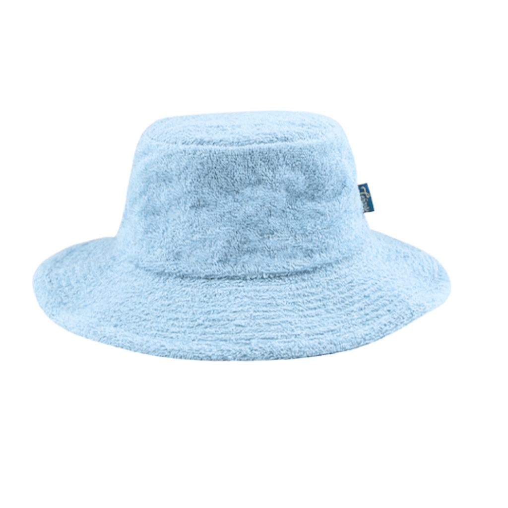 "Light blue terry cloth hat with a floppy brim against a white background