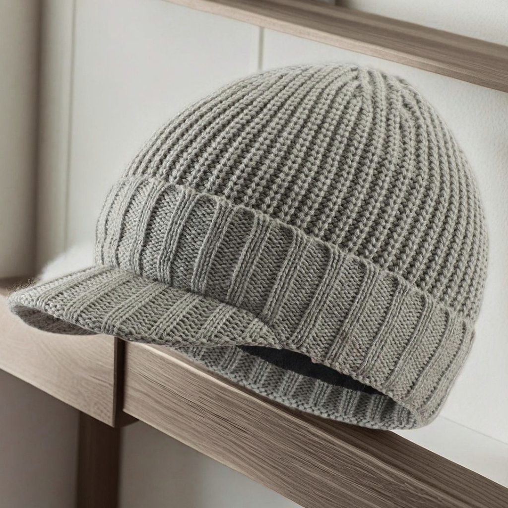 Light gray knit beanie with a short visor resting on a wooden surface