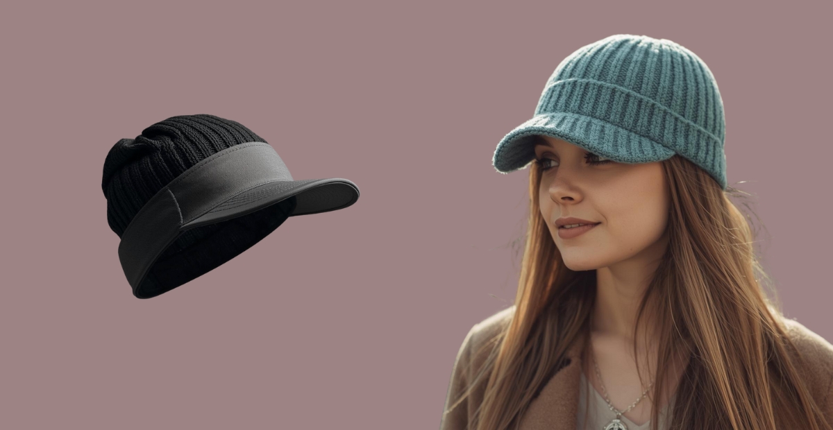 "A black knit beanie with a visor floats in the air next to a woman wearing a teal knit cap, against a muted mauve background.