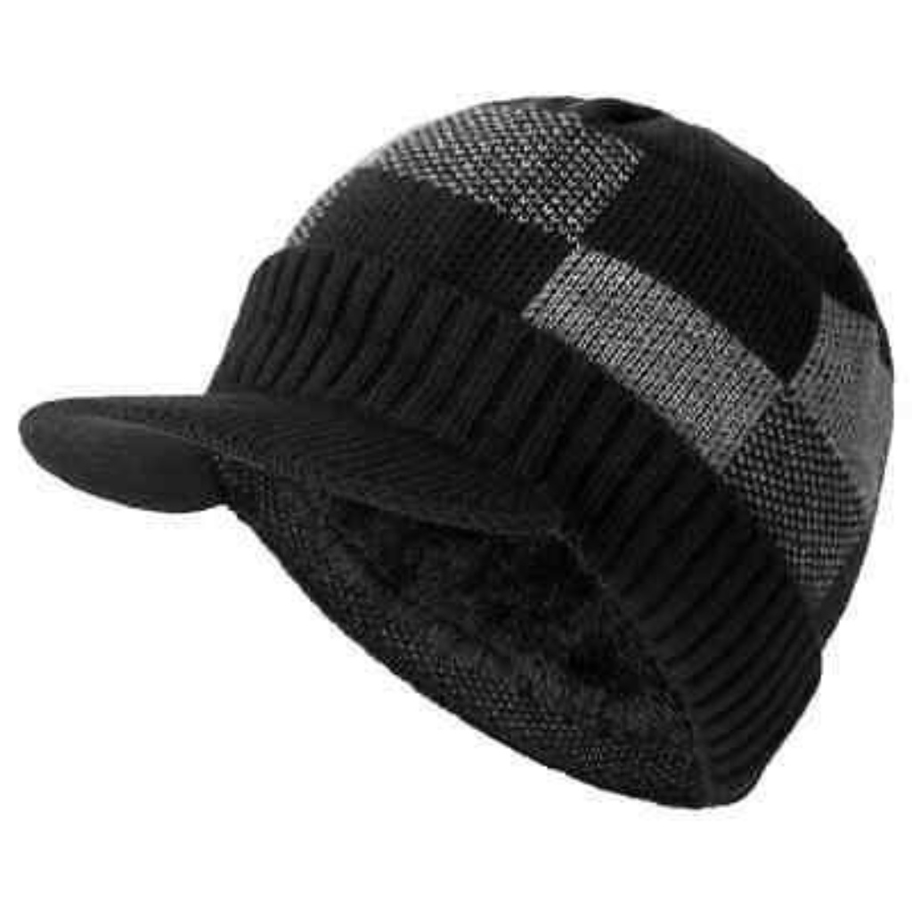Black knit beanie with a small visor, shown on its side against a white background