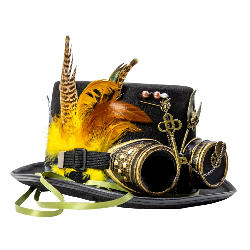 A black steampunk top hat adorned with brass goggles, colorful feathers, ribbons, and vintage jewelry, resting on a matching hat with extra gear accents.
