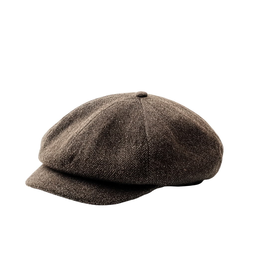 A brown tweed newsboy cap with a short brim, photographed against a plain white background.