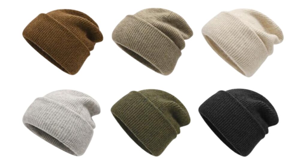 Six knit cuffed beanies in brown, tan, cream, light gray, olive, and black, arranged in two rows against a white background