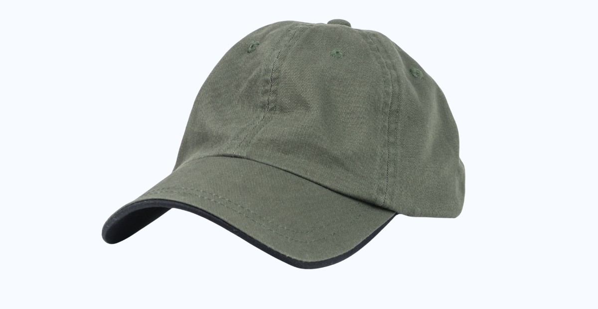 "Olive green baseball cap viewed from a side-front angle with a curved brim"