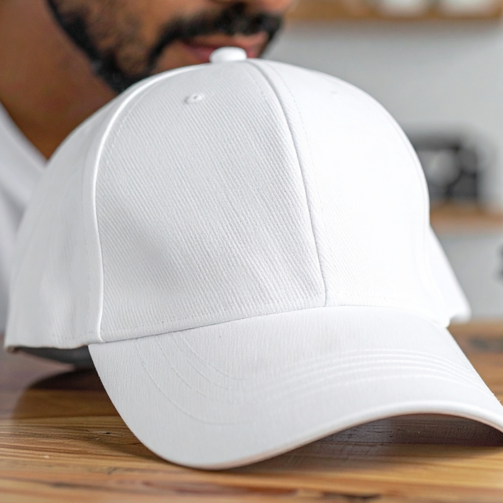 A close-up of a plain white baseball cap resting on a wooden surface.