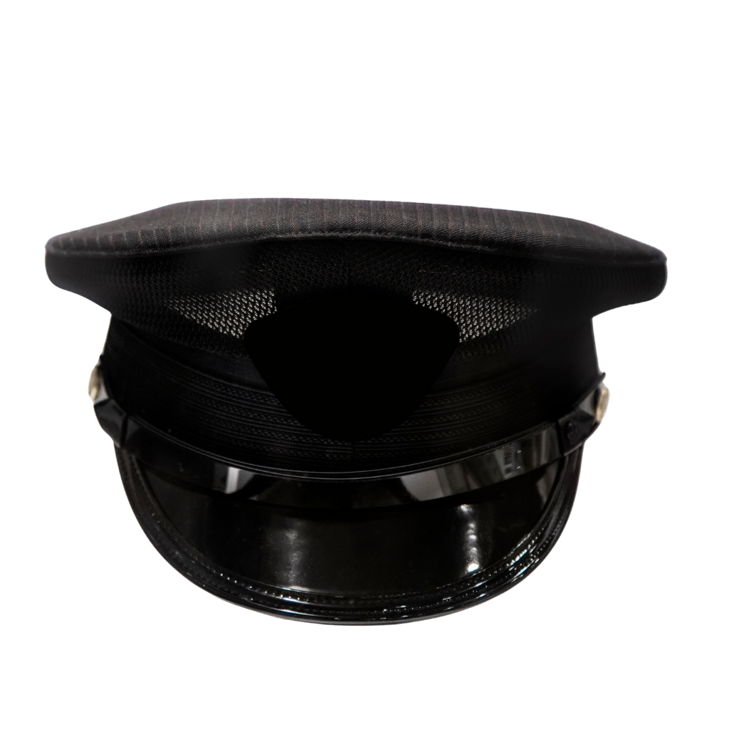 A black captain’s hat with a shiny visor and mesh back, featuring a structured crown and a short brim.

