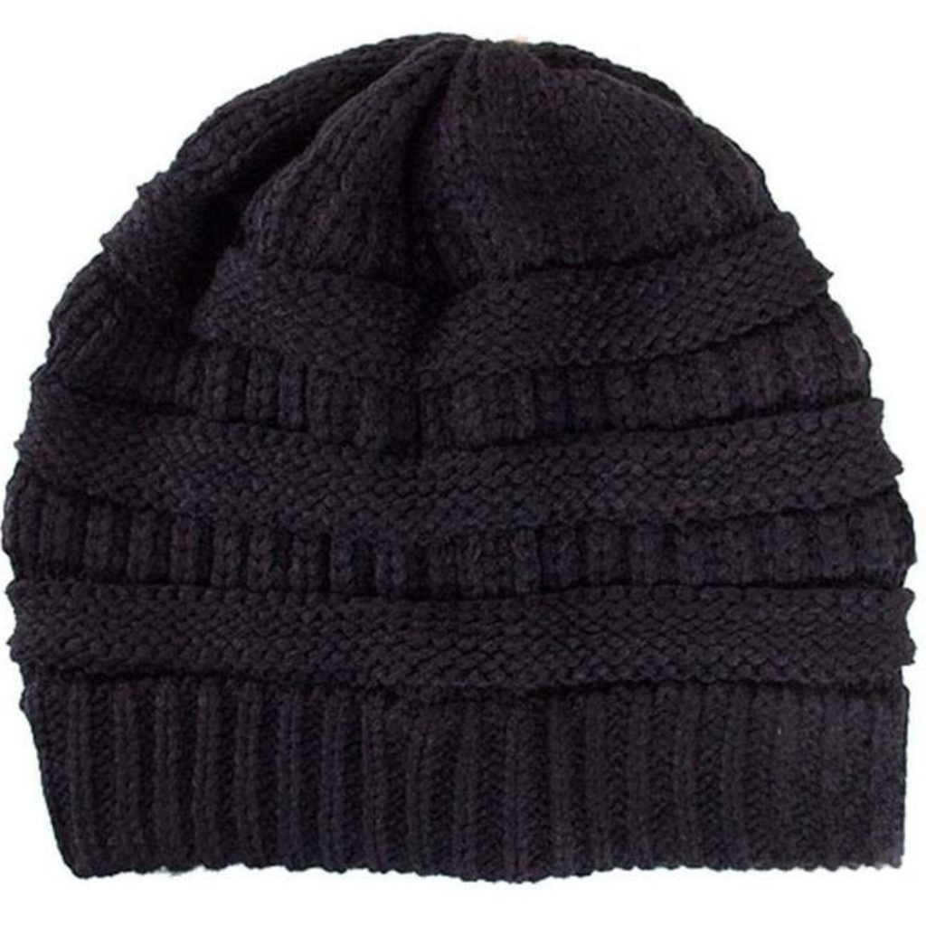 Black knitted beanie with multiple ribbed and textured bands, folded brim.