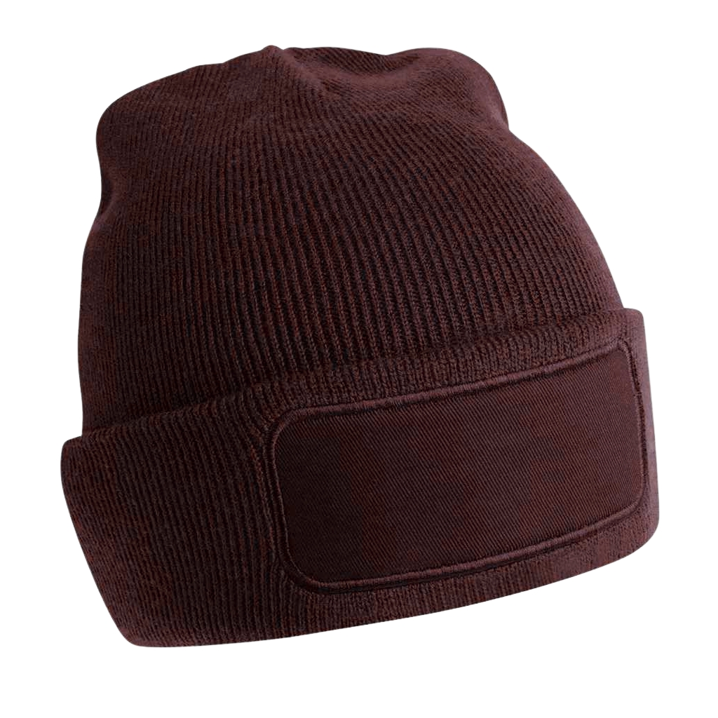 Dark burgundy knit beanie with a wide folded cuff and a blank rectangular patch on the front